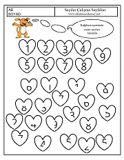 okul öncesi çocuklar için kalp içerisinde verilen sayıları tamamlama çalışmaları